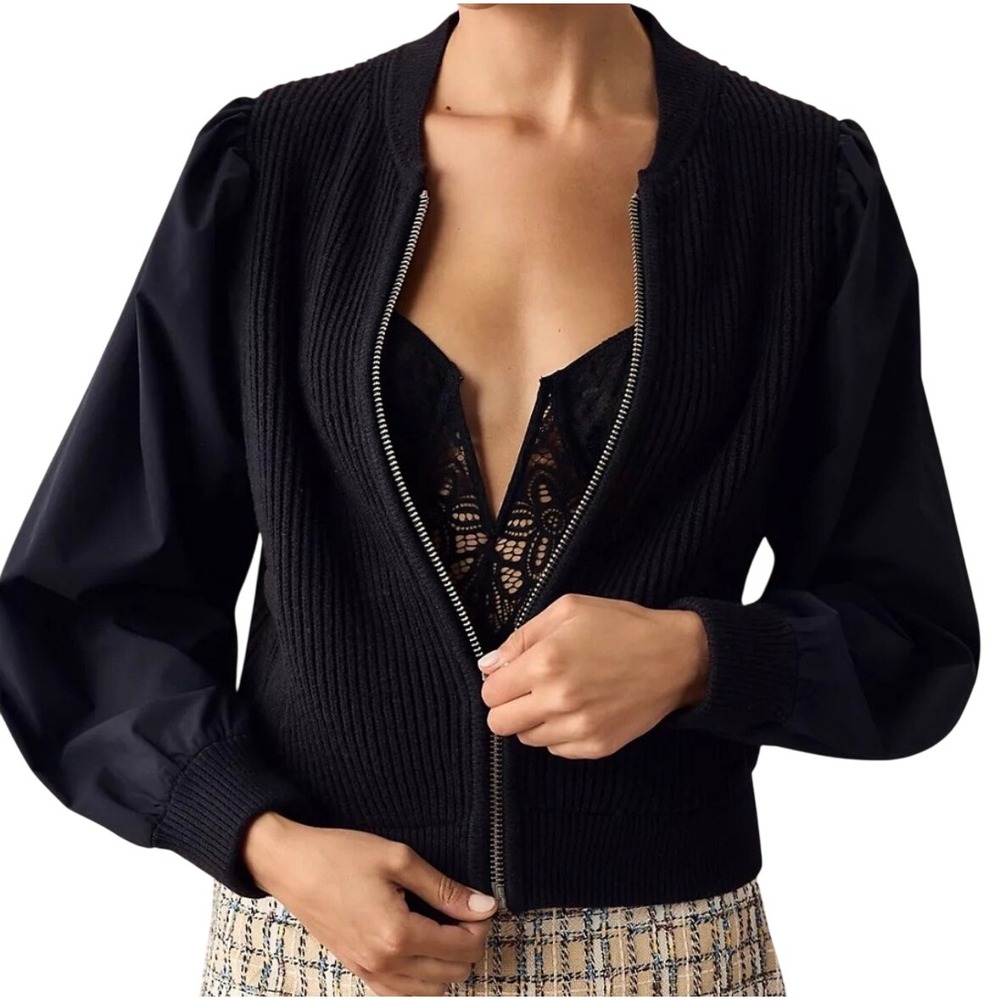 Maeve Anthropologie Mixed Media Bomber Cardigan Jacket Black Small OB1731278